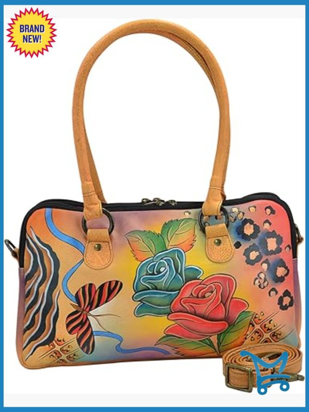 Genuine Leather Satchel Handbag with Hand-Painted Art Multi Compartment